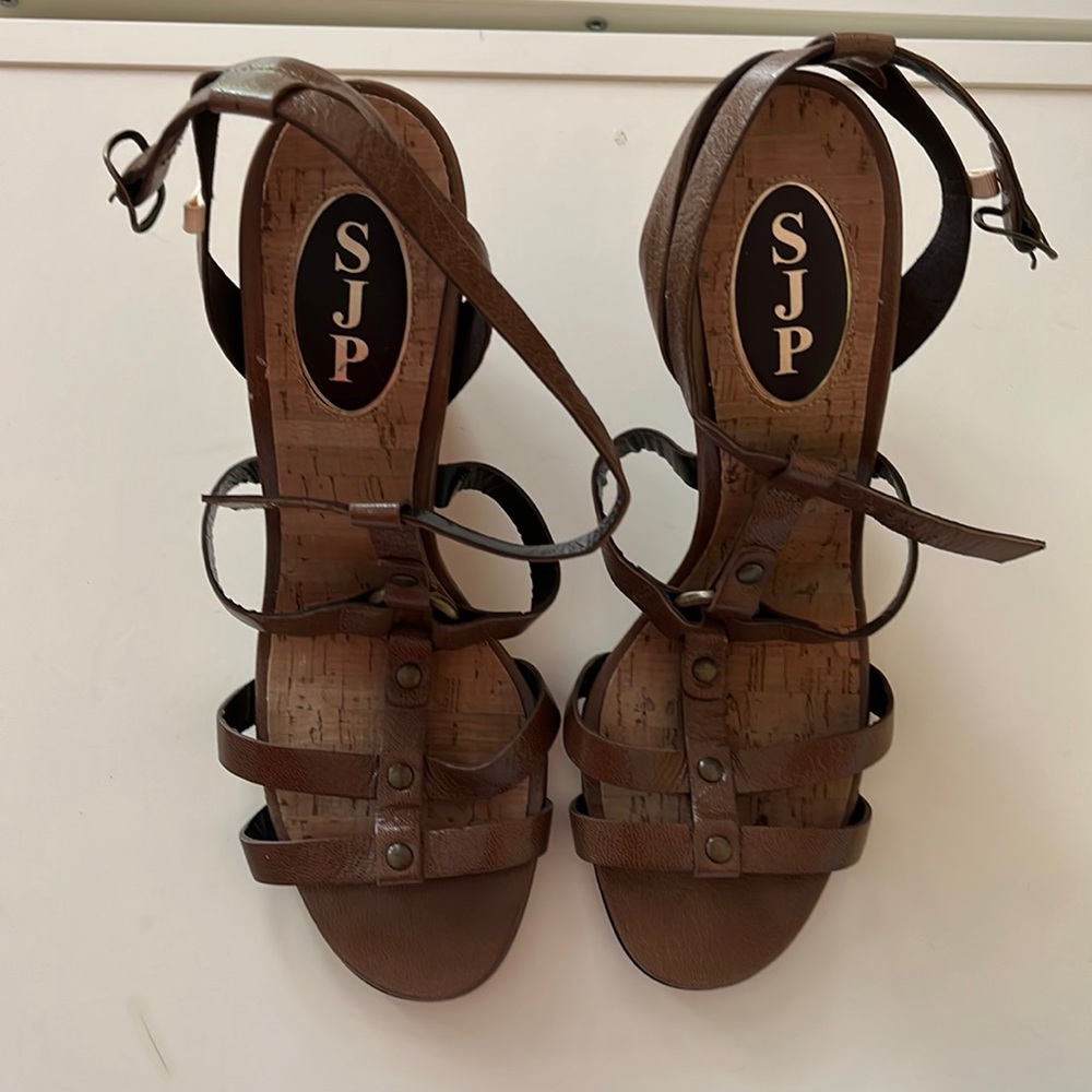 SJP by Sarah Jessica Parker brown straps platform wedge shoes